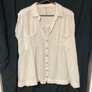 Free People gauze waffle knit button blouse top shirt ivory boho cottage core